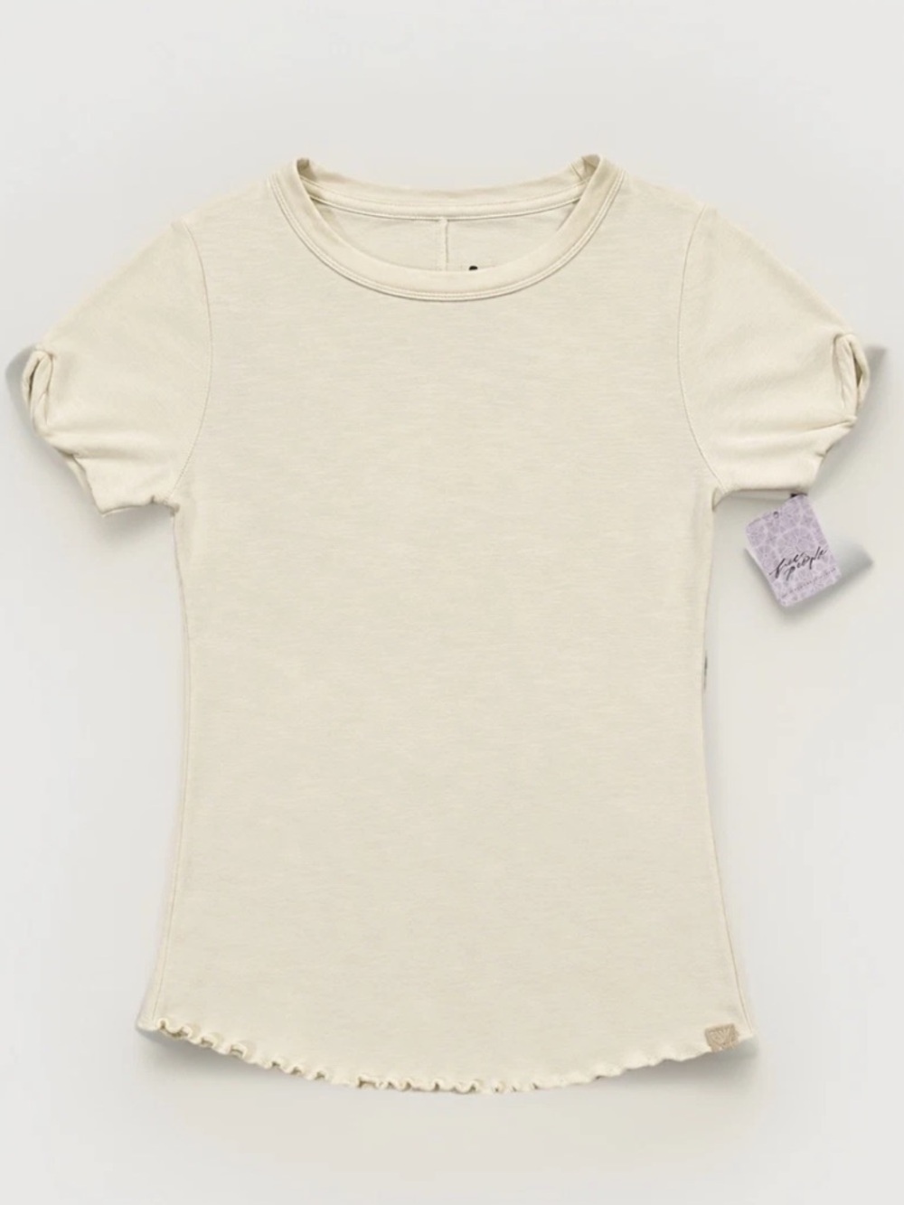 Free People Women’s Beige Knit Crew Neck Short Sleeve Ruffle T-Shirt